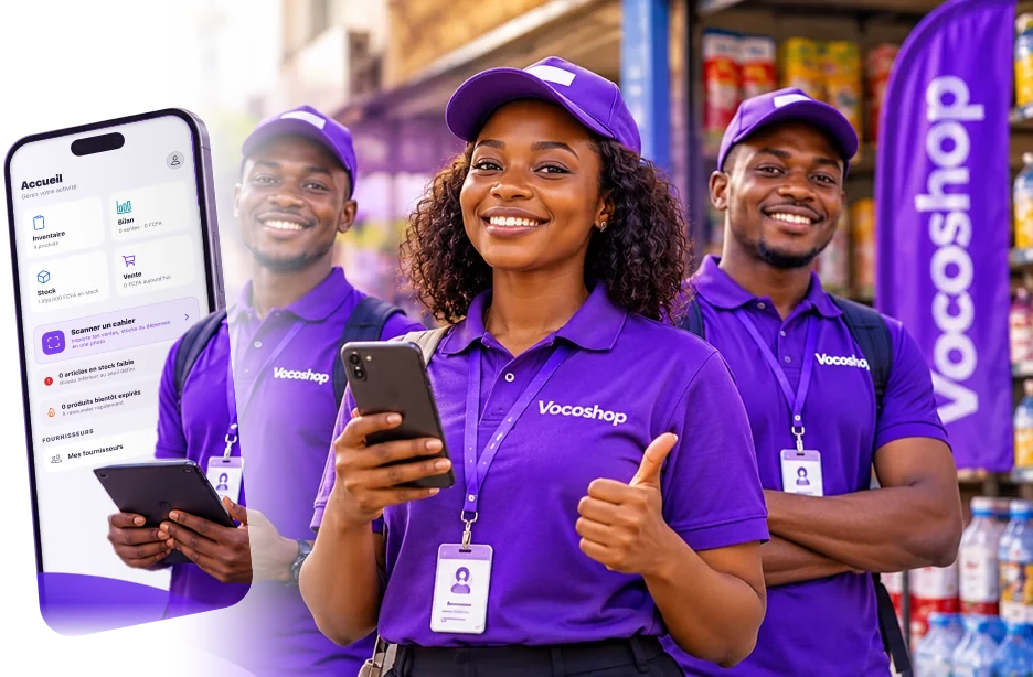 Téléphone affichant l'écran d'accueil de l'application Vocoshop : Inventaire, Bilan, Stock, Vente et Scanner un cahier.
