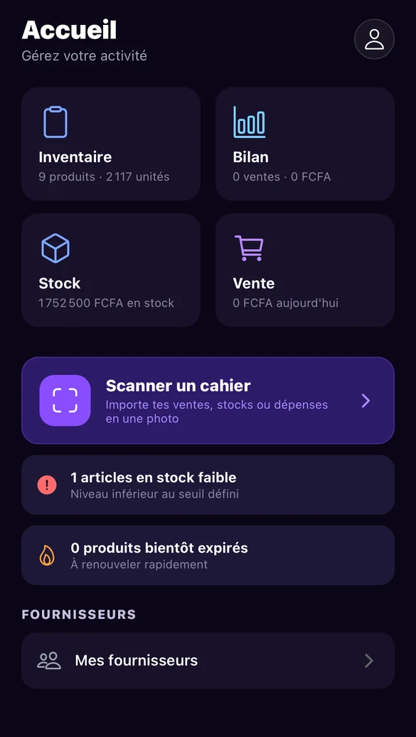 Écran d'accueil de l'application Vocoshop en mode sombre, avec les mêmes accès : Inventaire, Bilan, Stock, Vente, Scanner un cahier, alertes et Mes fournisseurs.